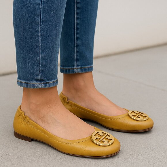 Tory Burch Minnie Mustard Yellow Patent Leather Ballet Flats Gold Logo 41EU/10.5 - Picture 7 of 8